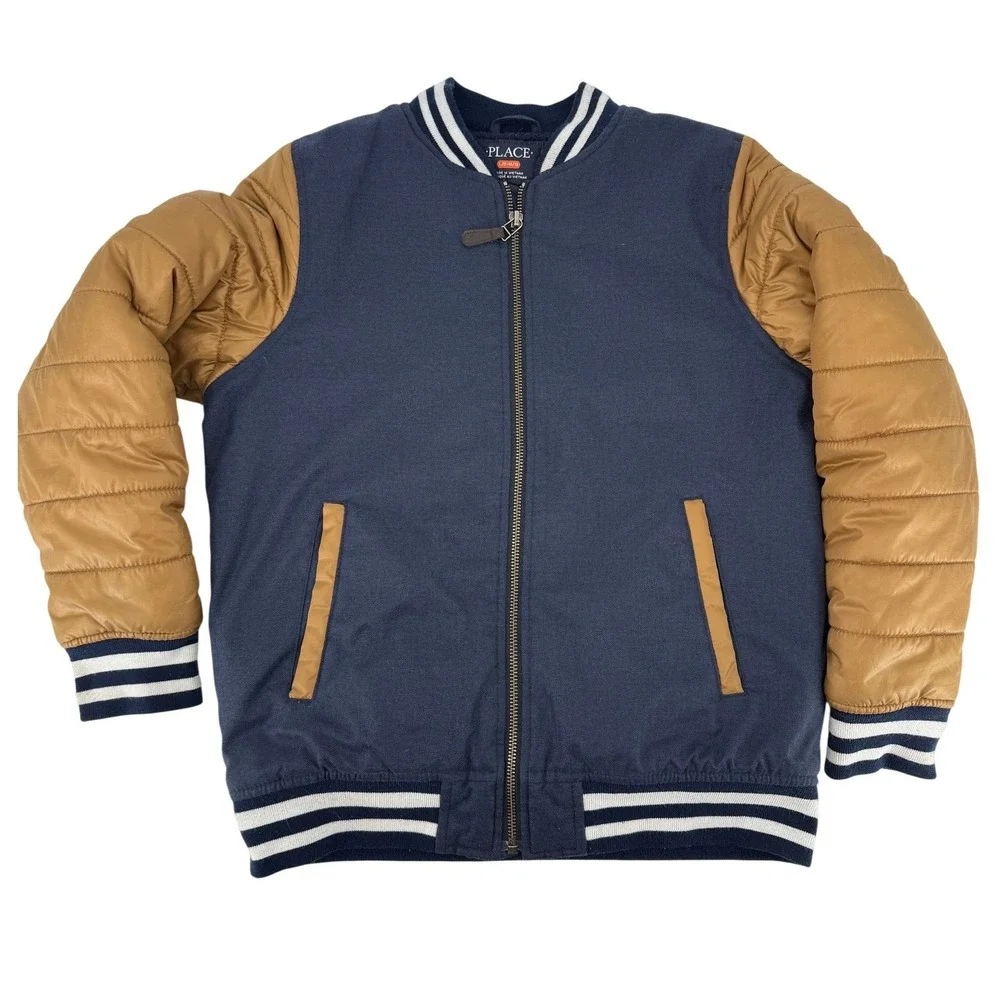 The Childrens Place Boys Varsity Bomber‎ Jacket Navy Tan Collegiant, Letterman